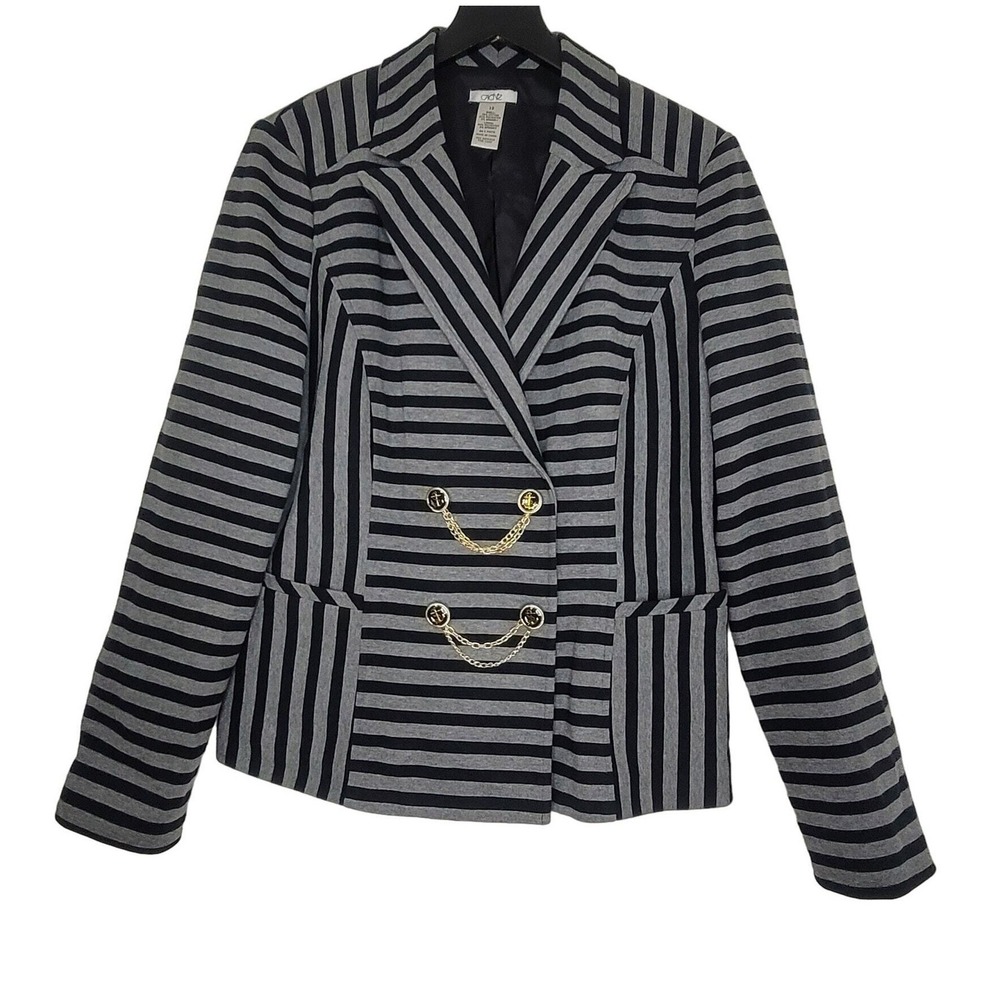 Cache Black Gray Stripe Blazer 12 Gold Chain Button Stretch Y2K Old Money Preppy
